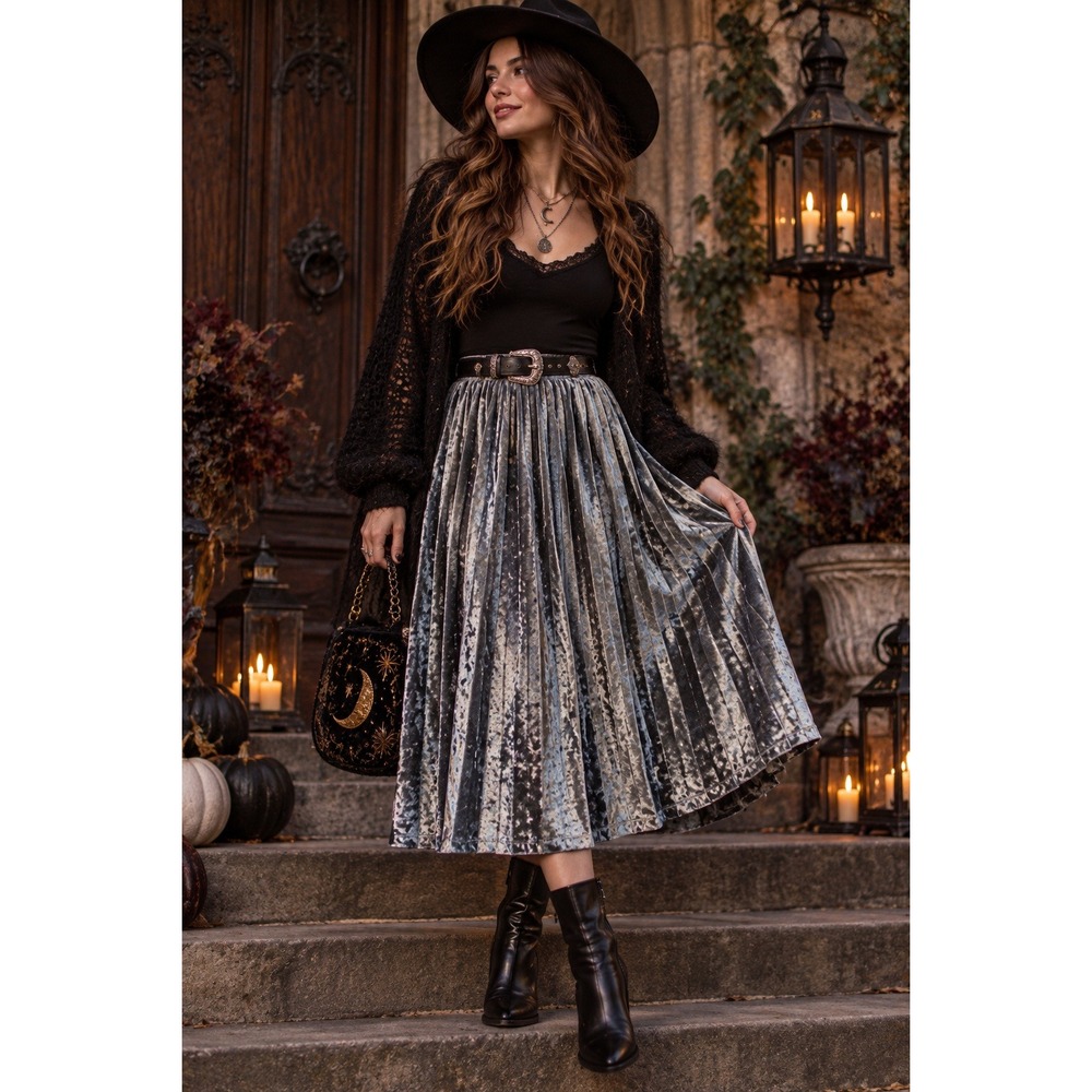 ModCloth Women's Whimsigoth Silver Crushed Velvet Pleated Midi Skirt XL Lined
